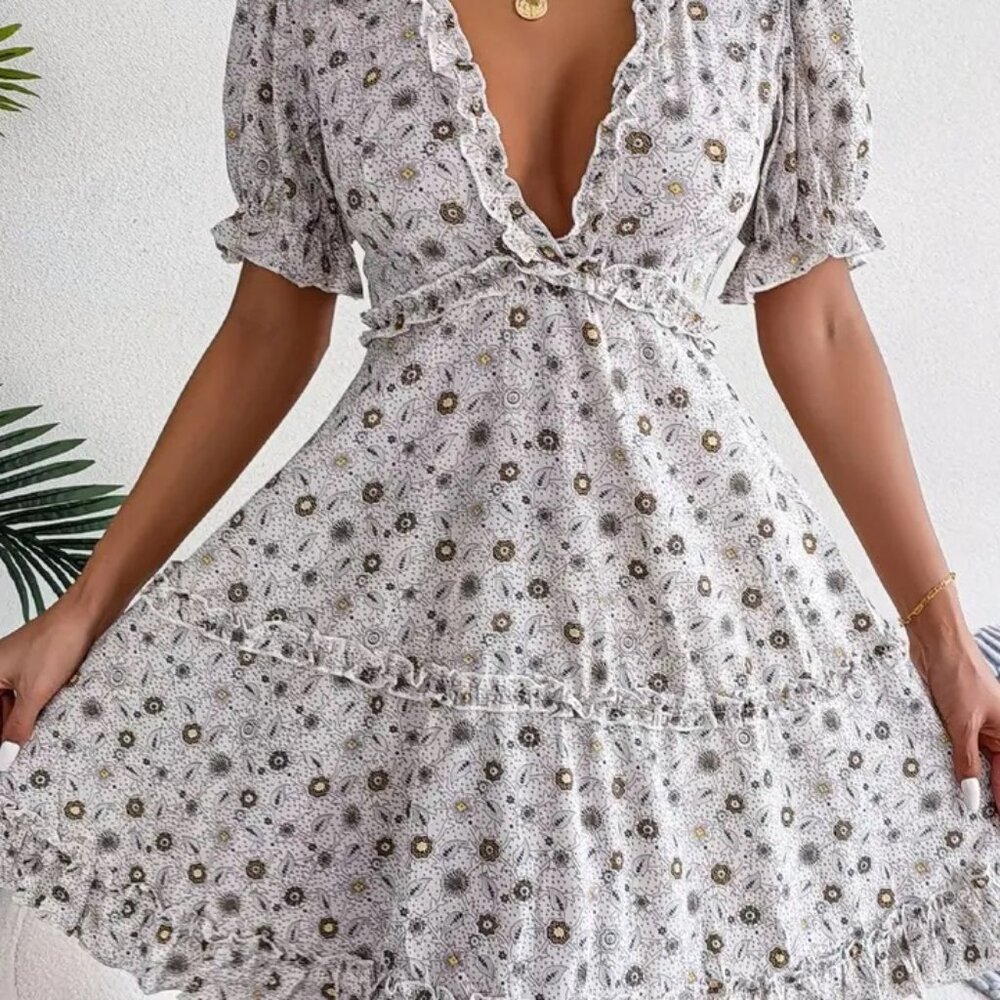 Floral Frill Trim Ruffle Dresa